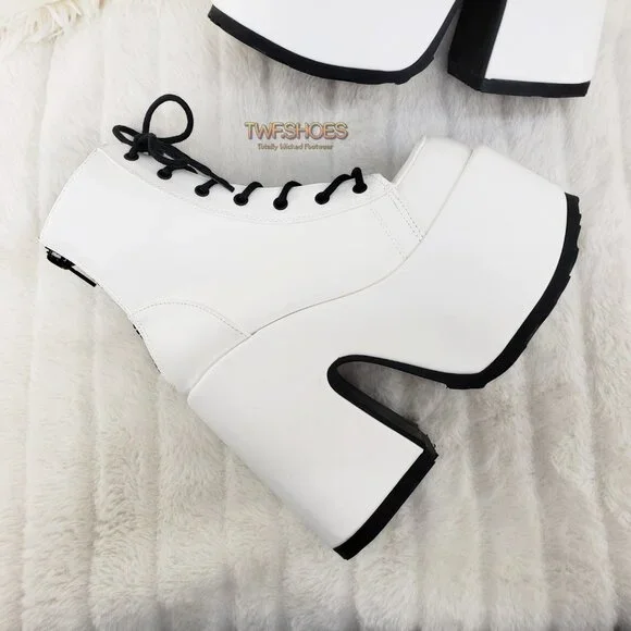 White Matte Chunky Platform Goth Punk Ankle Boots Camel - Picture 5 of 14